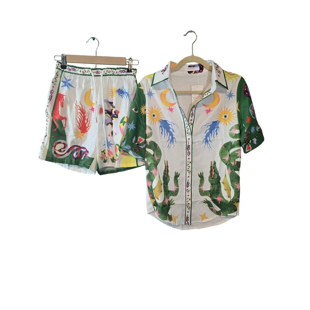Endless Moon Women Celestial Mythical Print Shirt and Shorts Set Small NEW